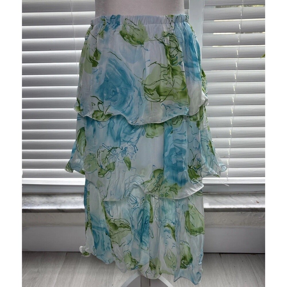 Floral Tiered Ruffle Midi Skirt Blue Green Romantic Cottagecore Size M - Picture 4 of 9